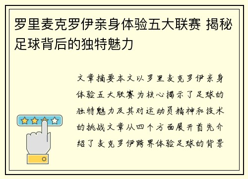 罗里麦克罗伊亲身体验五大联赛 揭秘足球背后的独特魅力